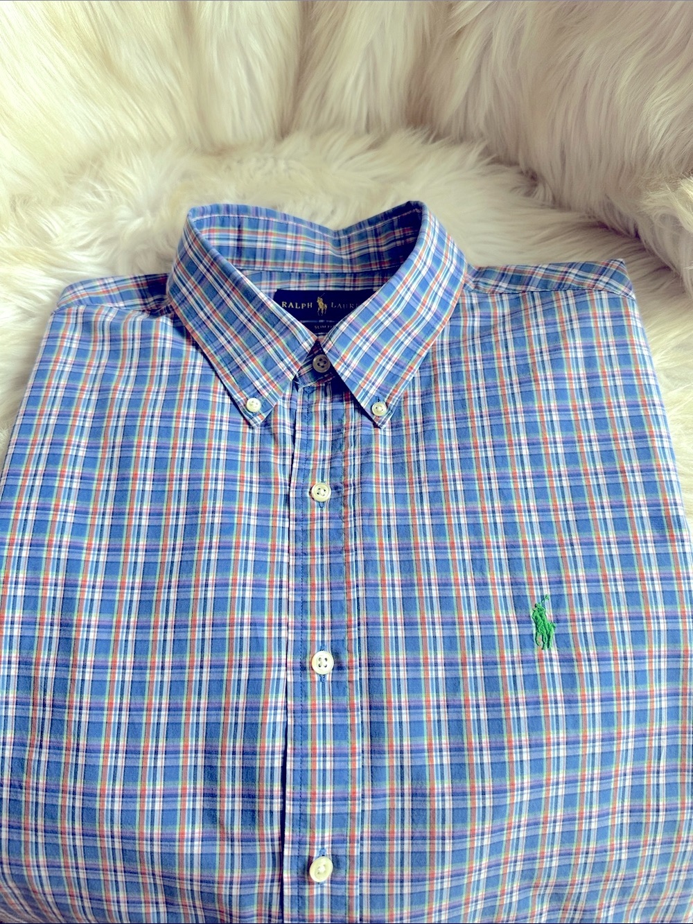 Ralph Lauren Blue and Green Plaid Button-Down Shirt / slim fit/L
